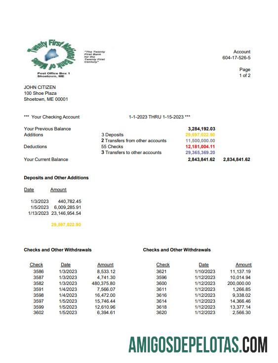Extrato bancário do USA Twenty First National Bank Of Maine modelo Word e PDF para download, 2 páginas